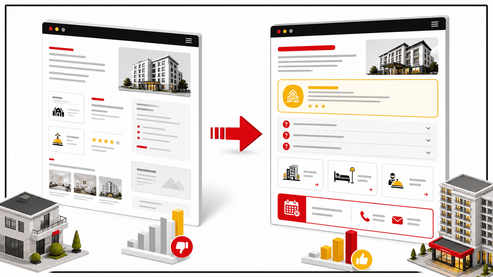 Before-and-after illustration of a property service page becoming an AEO-ready page.