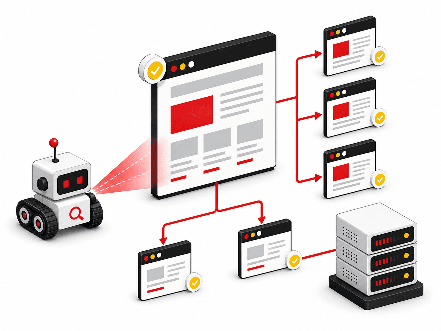 Illustration of a crawler scanning an accessible webpage and following internal links.