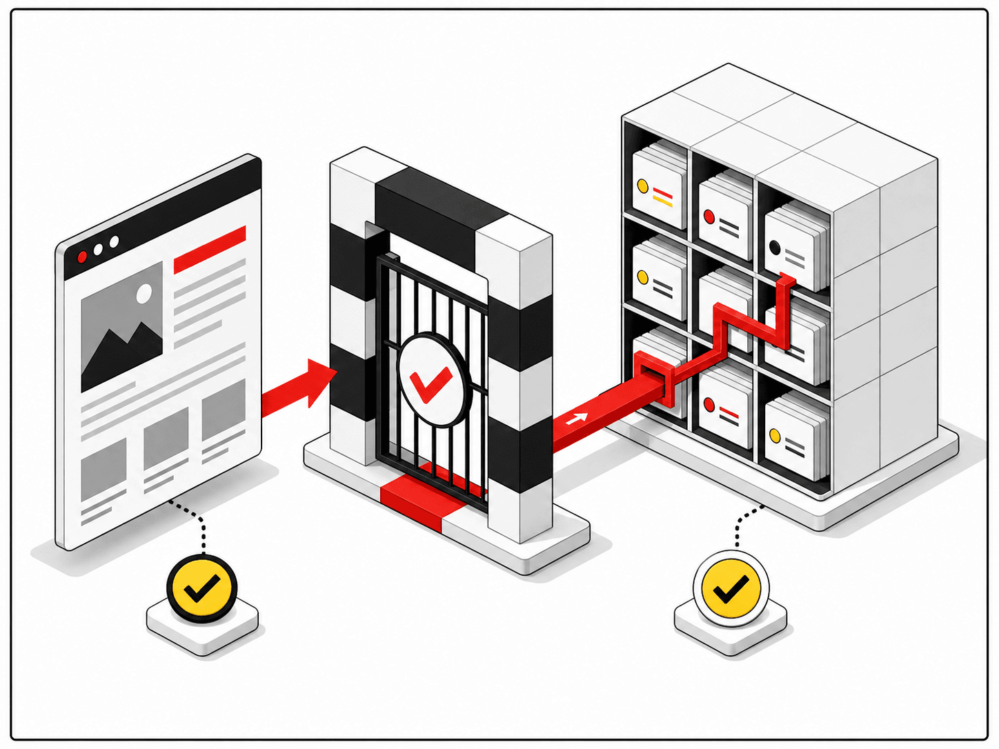 Illustration of a webpage passing through an index gate into an organized archive.