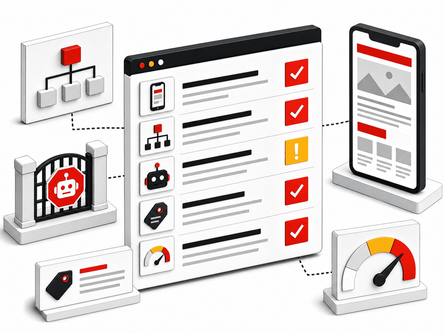 Illustration of a technical AEO checklist dashboard with sitemap, mobile, robots, metadata, and speed indicators.